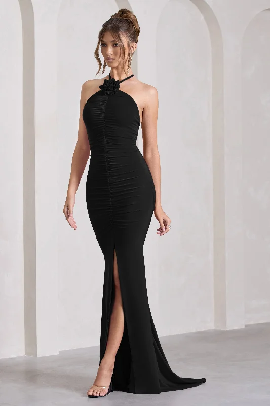 Holly | Black Ruched Halter-Neck Split Fishtail Maxi Dress