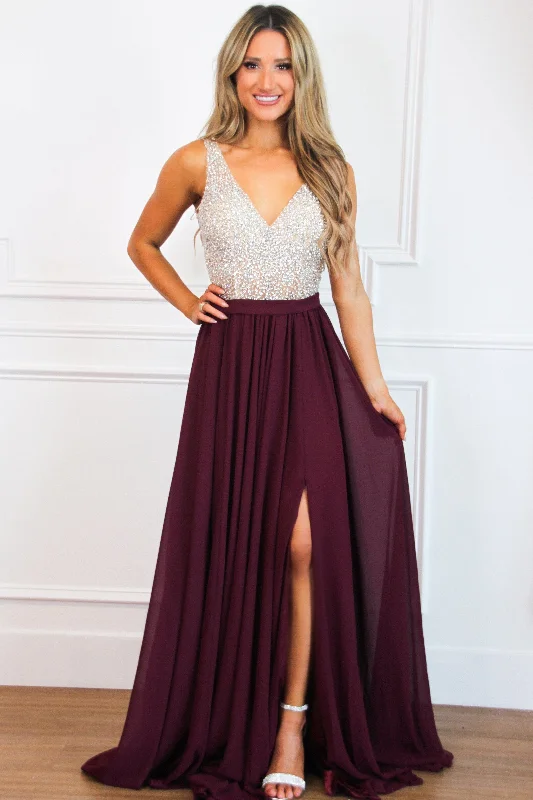 Elegant Affair Beaded Maxi Dress: Wine