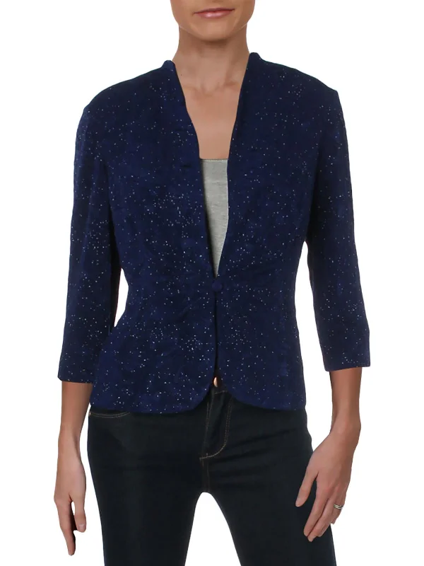 Petites Womens Knit Glitter Collarless Blazer