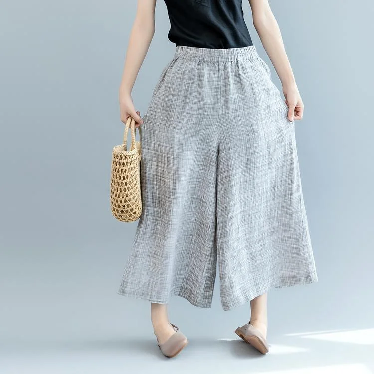 2021 gray linen wide-leg pants plus size casual elastic waist pants