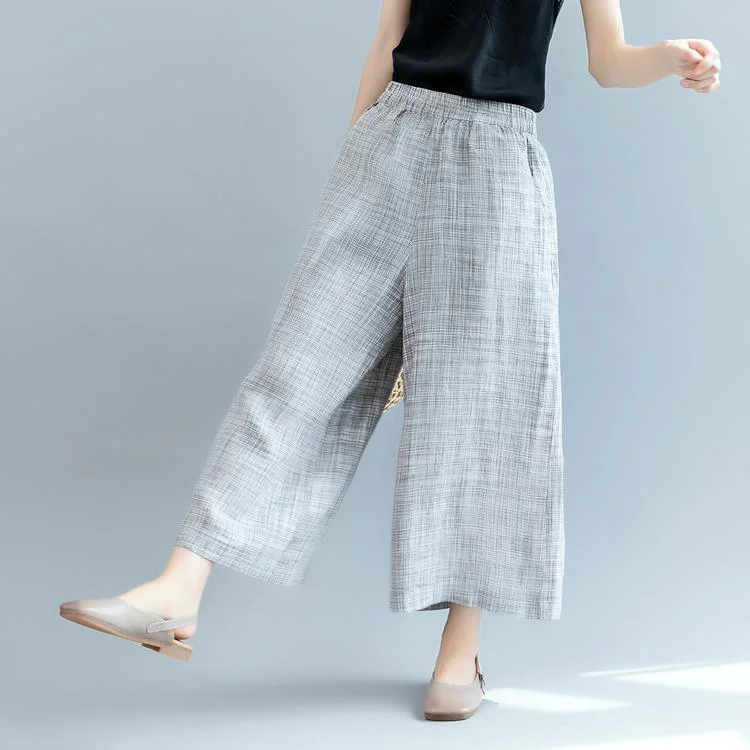 2021 gray linen wide-leg pants plus size casual elastic waist pants