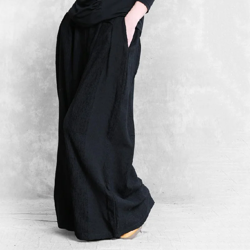 Autumn cotton and linen black jacquard loose pants good to wear big feet wide leg pants