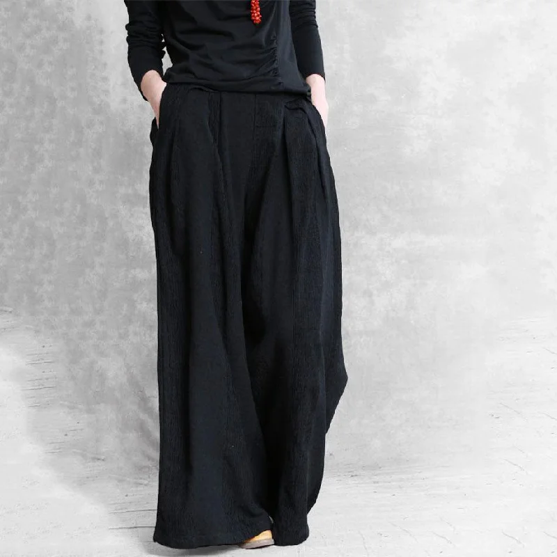 Autumn cotton and linen black jacquard loose pants good to wear big feet wide leg pants