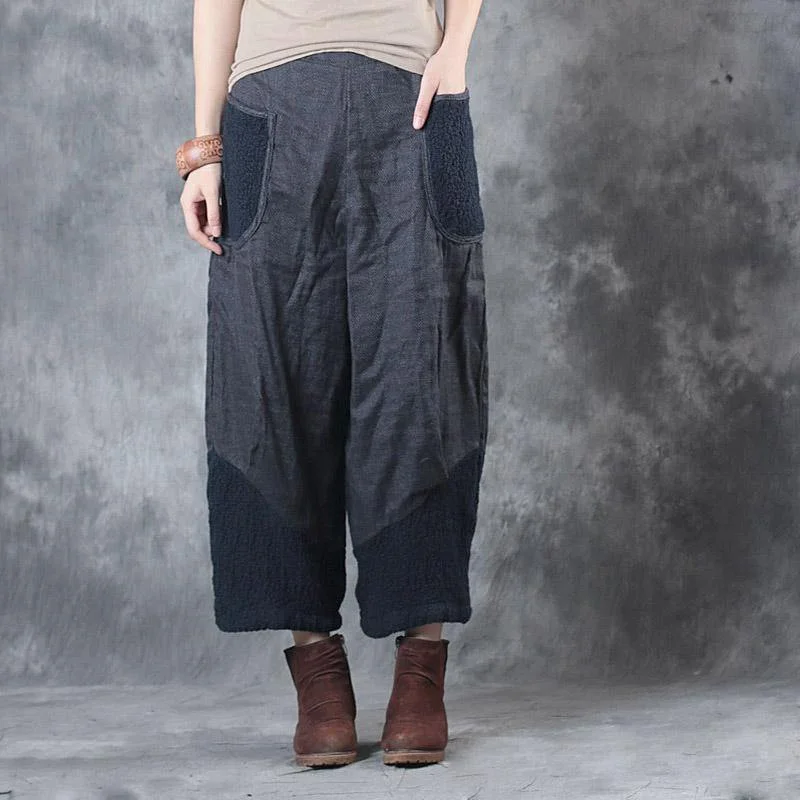 autumn navy linen crop pants patchwork casual women straight pants