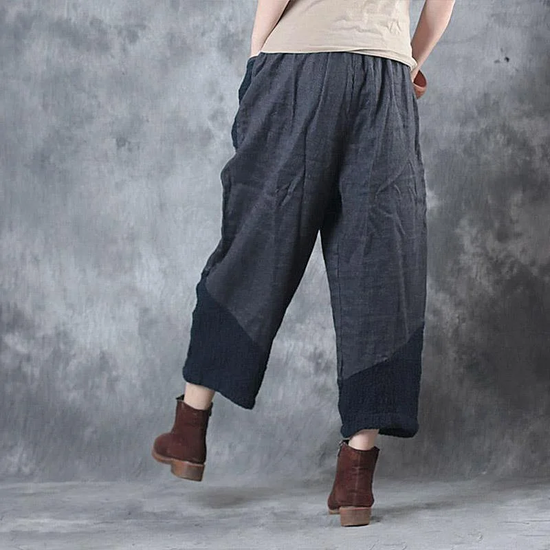 autumn navy linen crop pants patchwork casual women straight pants