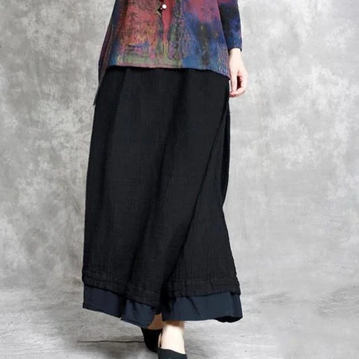 black asymmetric design linen pants loose vintage patchwork cotton wide leg pants