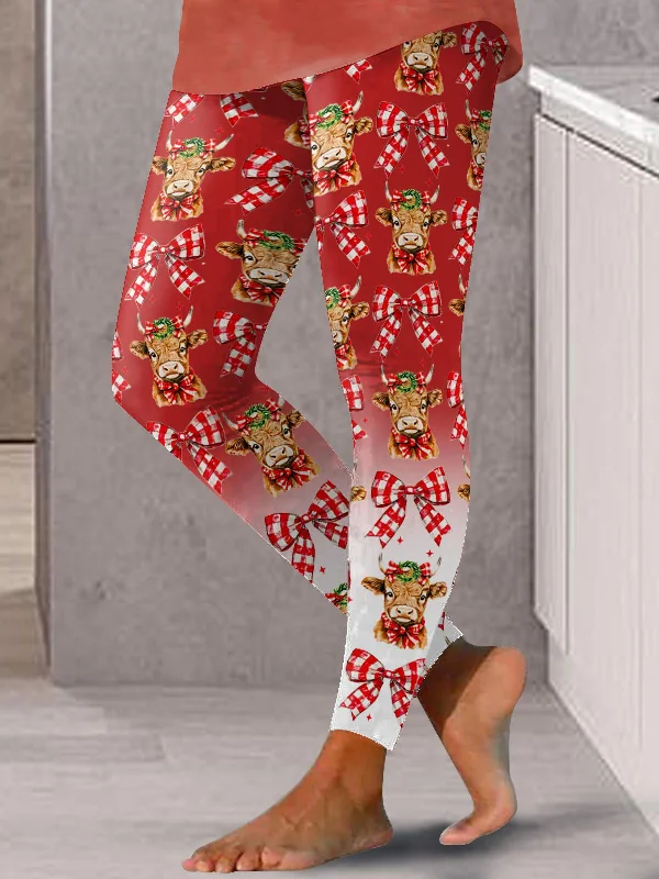 Women's Christmas Highland Cow Bow Print Leggings