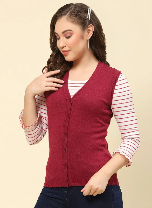 Women Maroon Solid Modal Nylone Cardigan