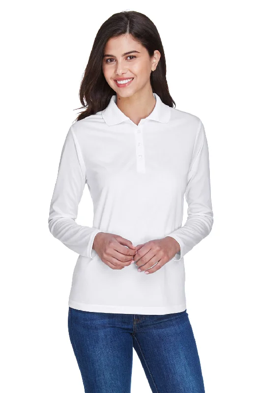 Core 365 Womens Pinnacle Performance Moisture Wicking Long Sleeve Polo Shirt - White