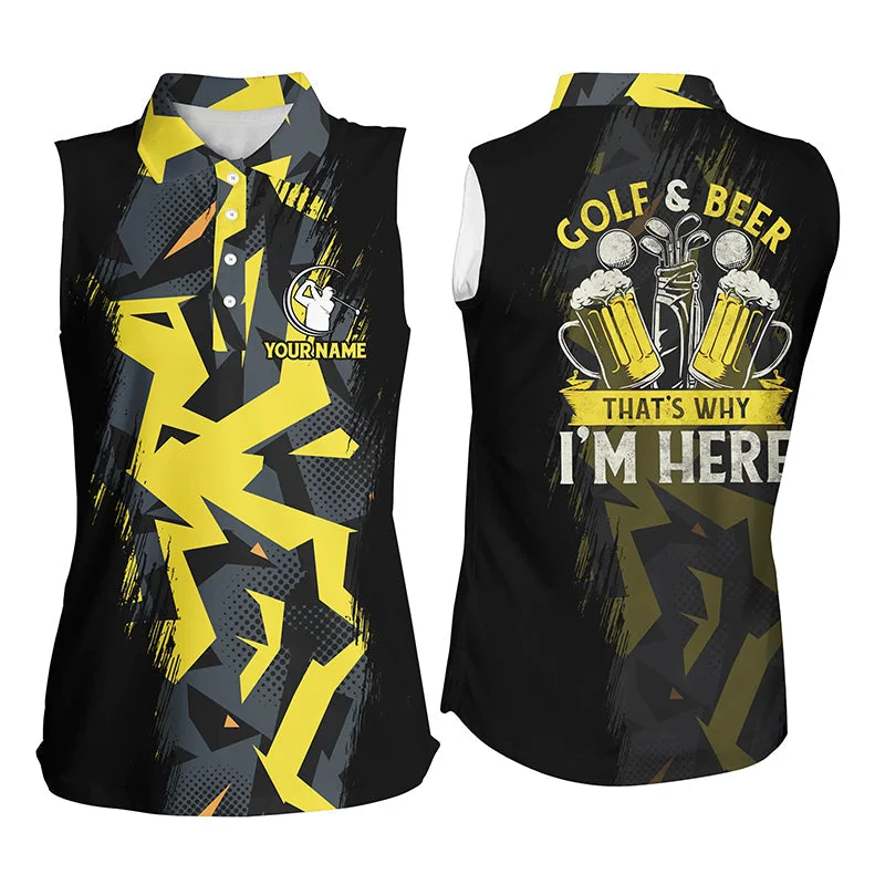 Golf And Beer That'S Why I'm Here Custom Yellow Camo Womens Sleeveless Polo Shirt, Ladies Golf Tops