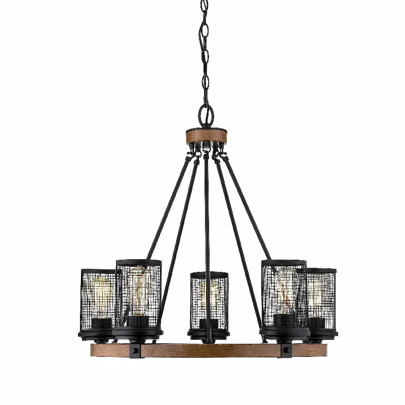 Chandeliers with Candle - Style Bulbs for a Classic AestheticChandeliers with Candle - Style Bulbs for a Classic Aesthetic5 Lamps Mesa Chandelier - Matte Black / Wood Grain - Metal Wire Mesh - 22.5in Diameter - E26 Medium Base