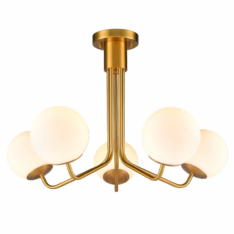 Chandeliers with Metal Frames in Gold FinishChandeliers with Metal Frames in Gold Finish5-Light Mid-Century Modern Gold Semi Flush Mount Globe Ceiling Chandelier Light