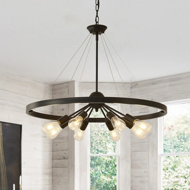 Chandeliers with Metal Frames in Bronze FinishChandeliers with Metal Frames in Bronze FinishFarmhouse Round Black Wagon Wheel Chandelier for Dining Room Entryway