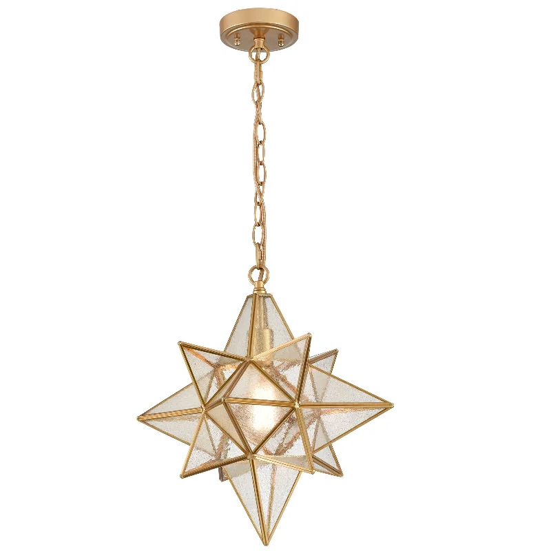 Chandeliers with Metal Frames in Gold FinishChandeliers with Metal Frames in Gold FinishMoravian Star Pendant Lights Gold Finish Seeded Glass Shade 16 Inches