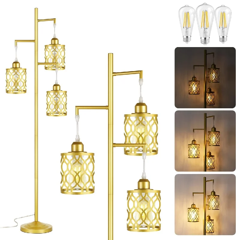 Wood Floor Lamp with Natural Grain for a Warm and Organic FeelWood Floor Lamp with Natural Grain for a Warm and Organic Feel68" Gold Floor Lamp,Dimmable Industrial Floor Lamps, 3 Light Rustic Standing Tall Lamp Including 3 PCS 6W E26 Bulbs