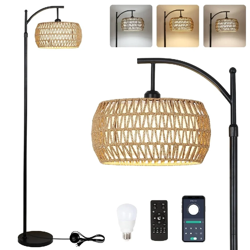 Bohemian Inspired Floor Lamp for Eclectic Home DecorBohemian Inspired Floor Lamp for Eclectic Home DecorArc Floor Lamp with Remote Control,Dimmable LED with 3 Color Temperature,Black Standing Lamp with Rattan Double Drum Shade