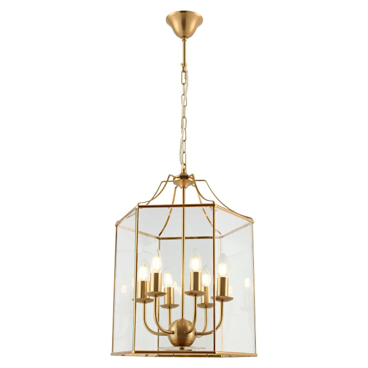 Japanese - Inspired Ceiling Lights with Shoji - Screen - like DiffusersJapanese - Inspired Ceiling Lights with Shoji - Screen - like DiffusersArcadia 6 Light Lantern Pendant Gold with Clear Glass
