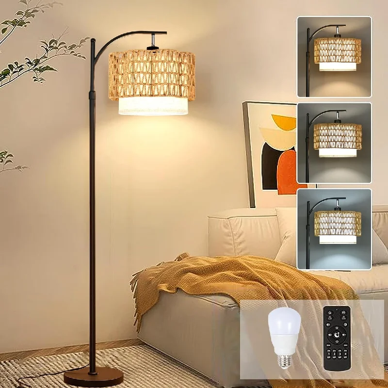 USB Charging Port Floor Lamp for Convenient Device ChargingUSB Charging Port Floor Lamp for Convenient Device ChargingFloor Lamp with 3 Color Temperatures,Farmhouse Led Floor Lamp with Remote Control,Wicker Arc Standing with Rattan Shade - Black