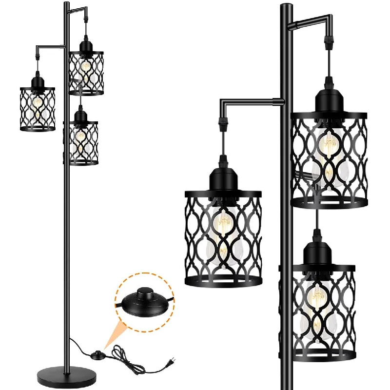 USB Charging Port Floor Lamp for Convenient Device ChargingUSB Charging Port Floor Lamp for Convenient Device ChargingIndustrial Floor Lamp, Metal Farmhouse Floor Lamp for Living Room, Rustic Standing Tall Lamp with 3 Elegant Cage Heads - Black