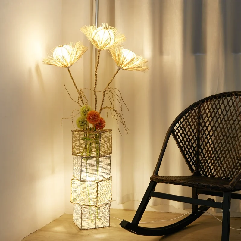 USB Charging Port Floor Lamp for Convenient Device ChargingUSB Charging Port Floor Lamp for Convenient Device ChargingLED Bulbs Floor Lamp Pastoral Style with Hand-Woven Flower - W 10.83" x H 51.18"