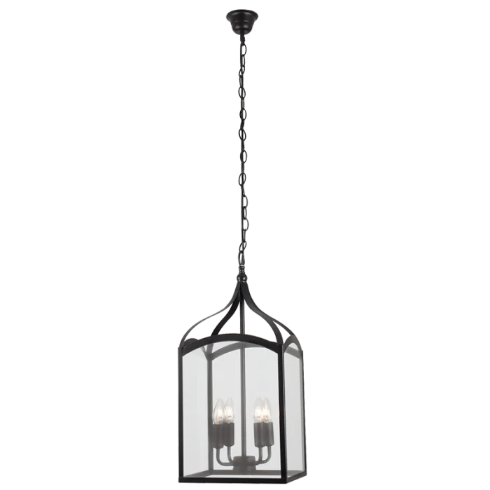 African - Inspired Ceiling Lights with Tribal Patterns and Natural MaterialsAfrican - Inspired Ceiling Lights with Tribal Patterns and Natural MaterialsBlack Metal Pendant with 4 Panels of Clear Glass PEN714