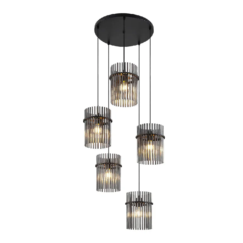 Scandinavian Style Ceiling Lights with Light Wood AccentsScandinavian Style Ceiling Lights with Light Wood AccentsQuilo 5 Light Cluster Black with Smoke Fluted Glass Modern Pendant