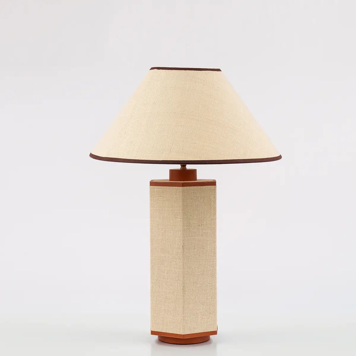 wooden table lamps with natural grain for a warm and organic feelwooden table lamps with natural grain for a warm and organic feelRalf Hexagonal Lamp Leather and Jute