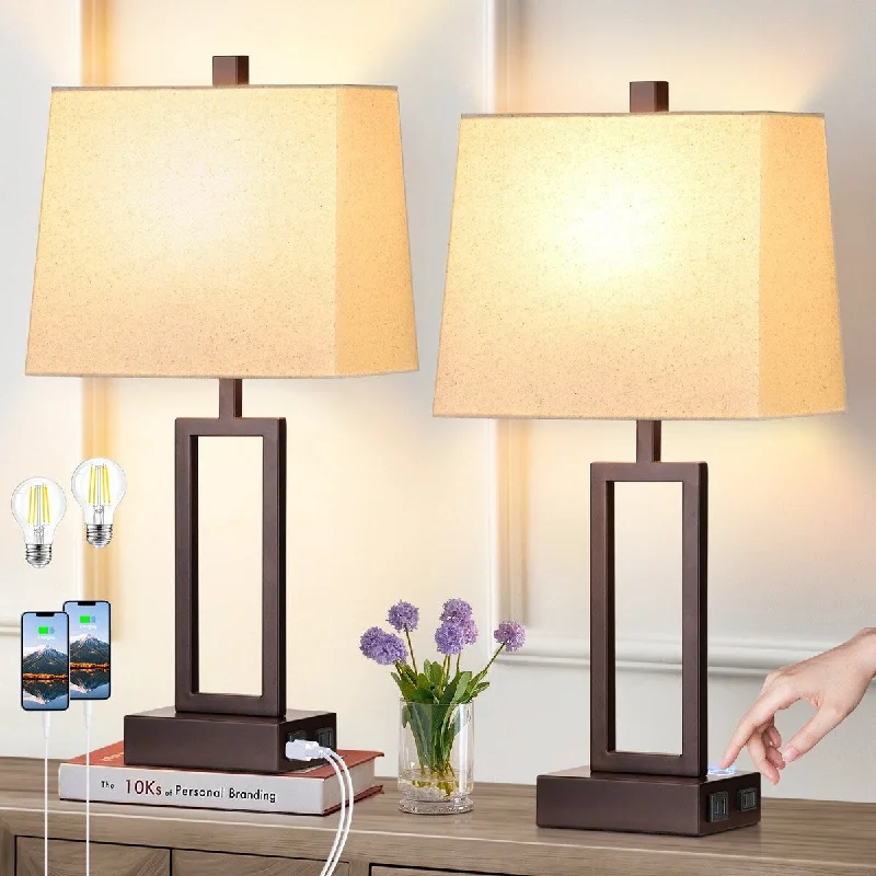 metal table lamps with a matte black finish for a sleek appearancemetal table lamps with a matte black finish for a sleek appearanceTable Lamps Black Matte Metal Beige Shade with USB Type-C Charging Ports AC Outlet 3-Way Touch Dimming Switch (Set of 2)